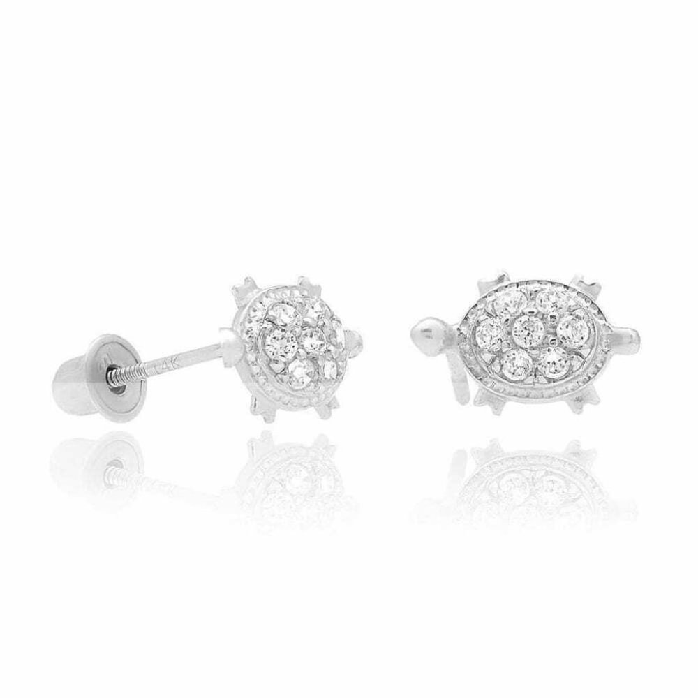 14k Solid White Gold Birthstone Turtle Screw Back… - image 2